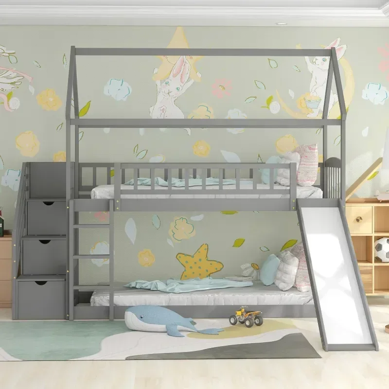 Bunk Bed With Stairs And Slide - Masif ahşap çocuk çift kişilik yatağı,