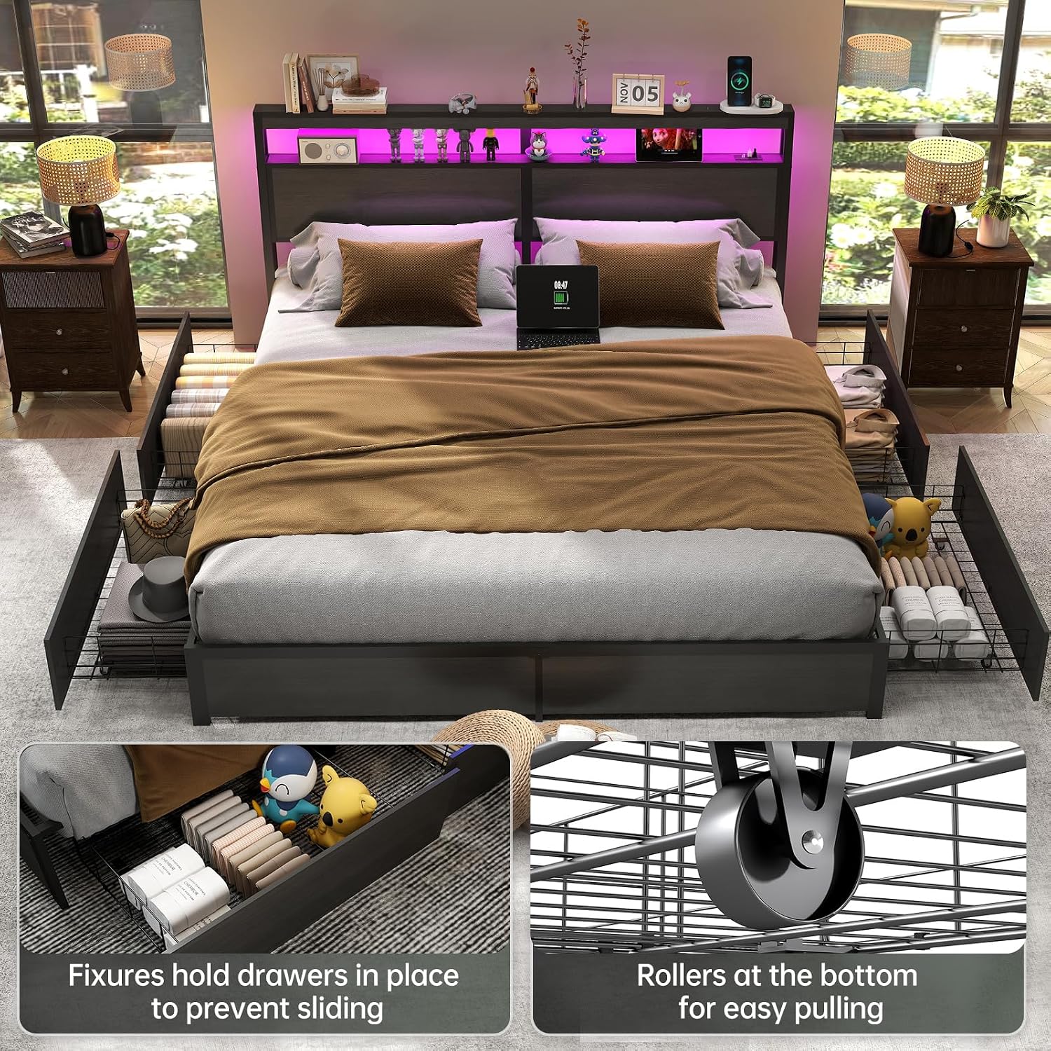 King Size Bed Frame With Storage Drawers - LED Işıklı Başlıklı ve 4 Çekmeceli
