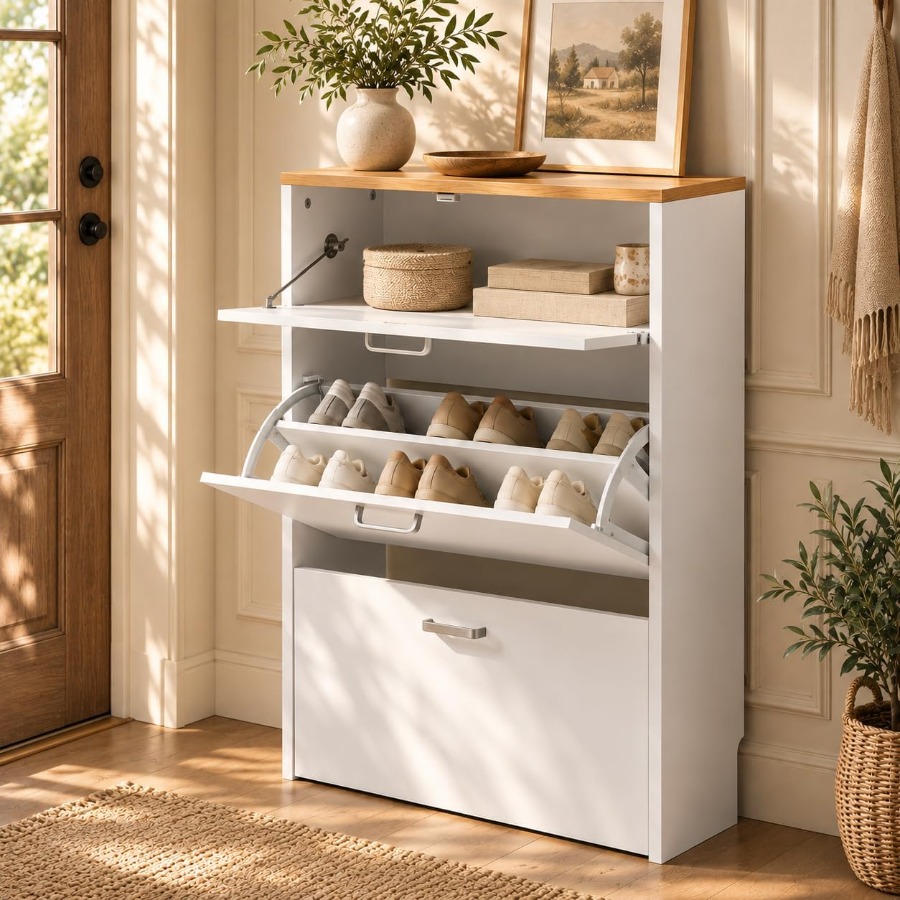 Shoe Rack Cabinet Narrow Entryway - Giriş Alanı İçin Ayakkabı Dolabı, Beyaz,