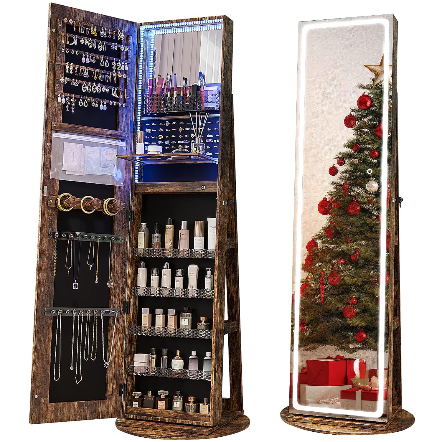 Full Length Mirror Jewelry Armoire - Döner LED Aynalı Mücevher Dolabı, Depolama