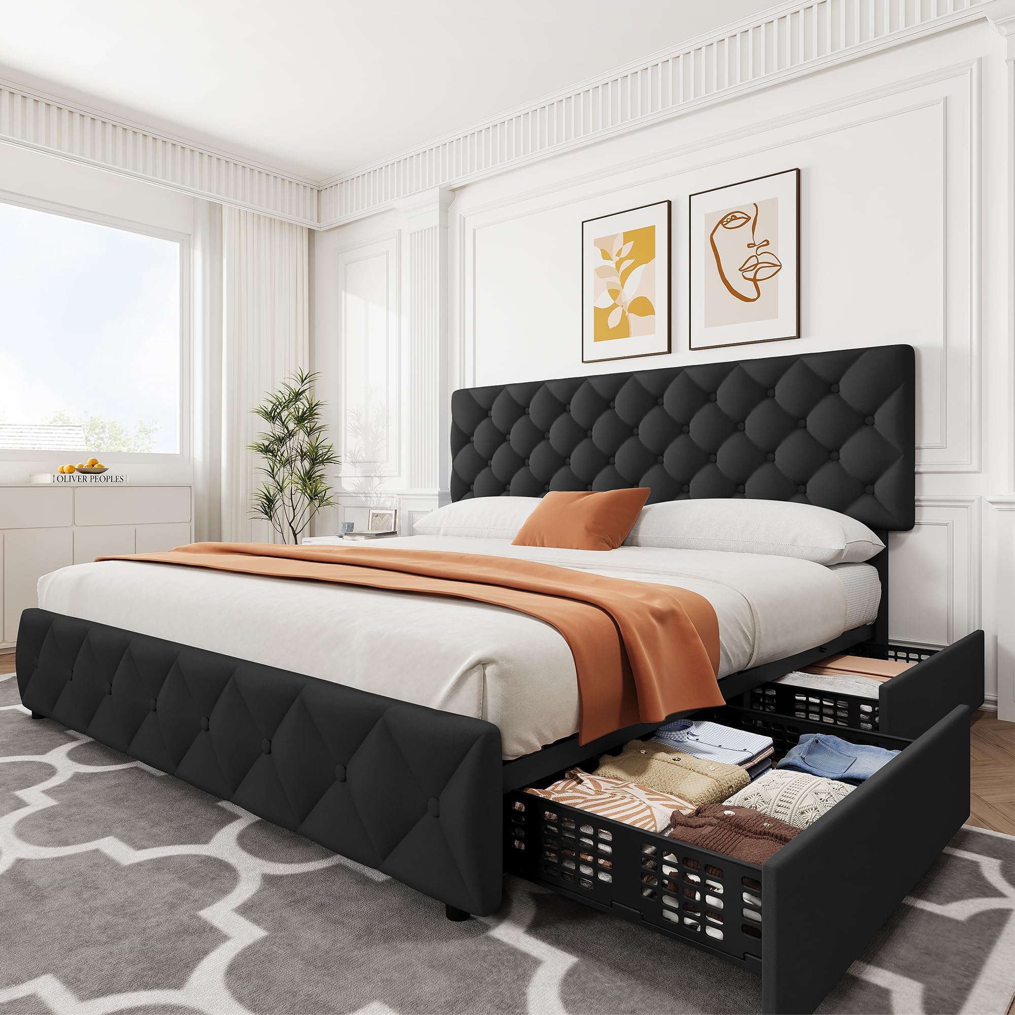 King Size Bed Frame With Storage Drawers - 4 adet çekmeceli ve ayarlanabilir başlığı