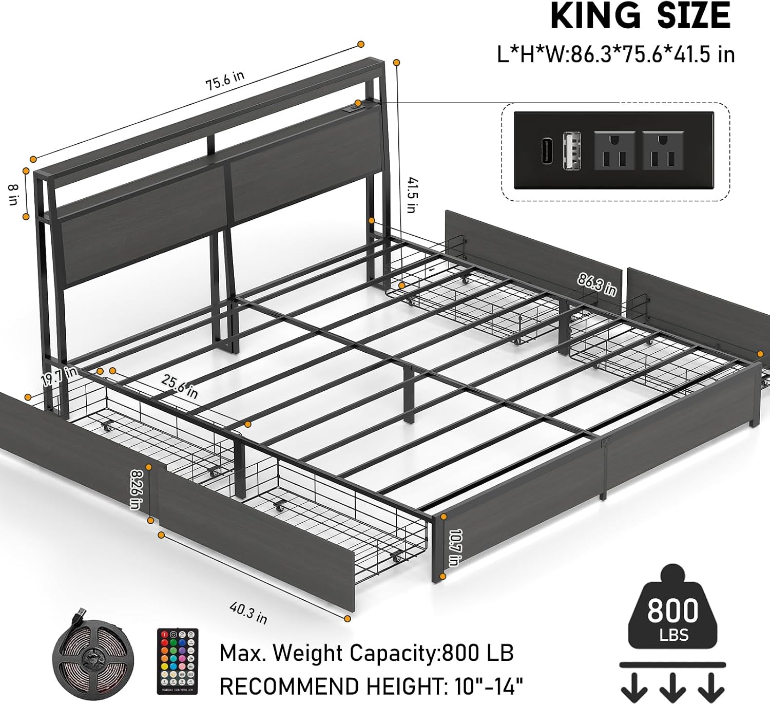 LED Işıklı Başlıklı ve 4 Çekme - King Size Bed Frame With Storage Drawers incelemesi ve fiyatı