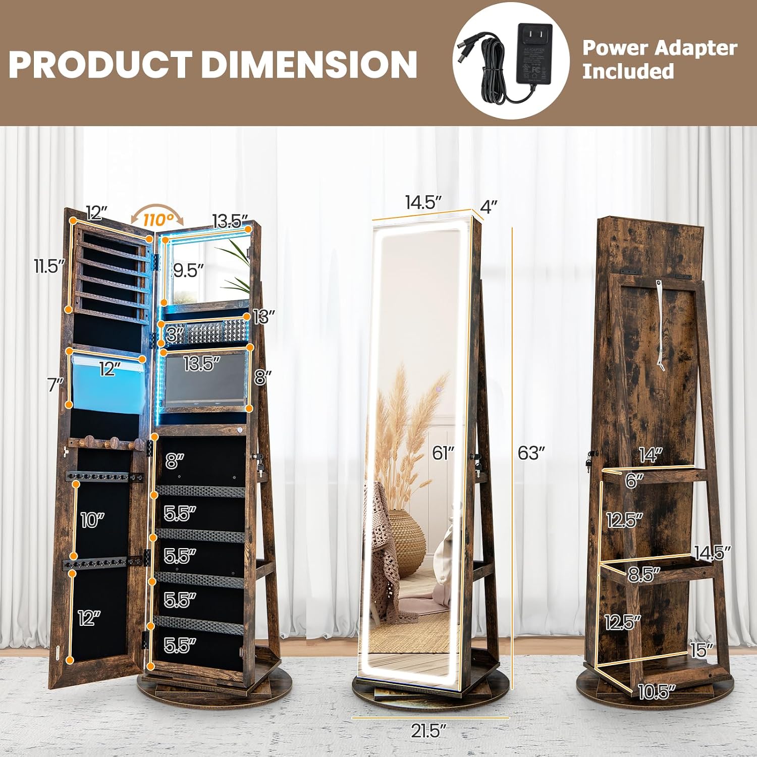 Döner LED Aynalı Mücevher Dola - Full Length Mirror Jewelry Armoire incelemesi ve fiyatı
