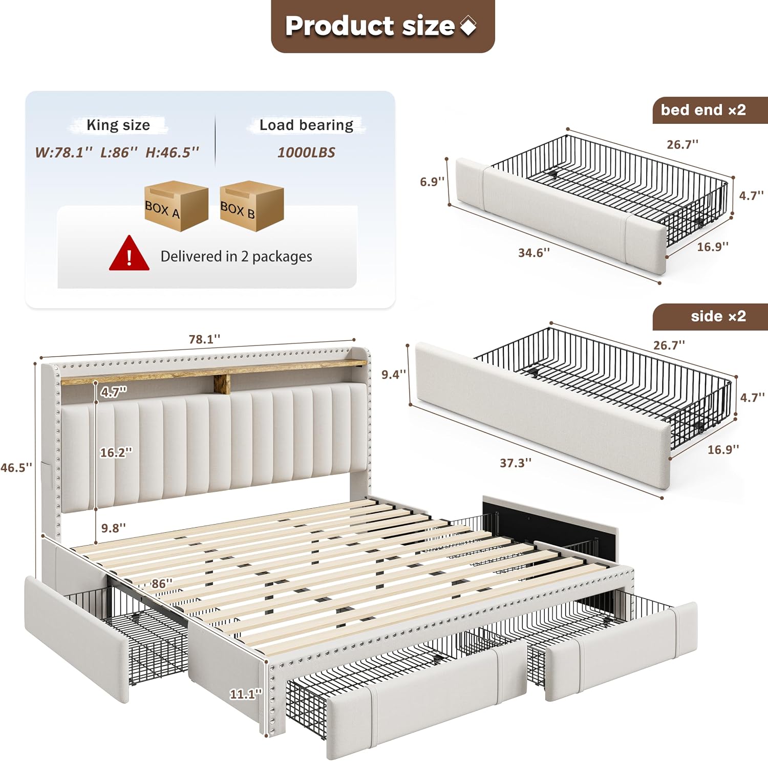 4 Çekmeceli ve Depolama Başlık - King Size Bed Frame With Storage Drawers incelemesi ve fiyatı